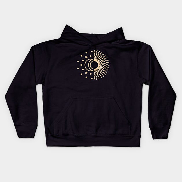 bohemian astrological design with sun, stars and sunburst. Boho linear icons or symbols in trendy minimalist style. Modern art Kids Hoodie by zaiynabhw